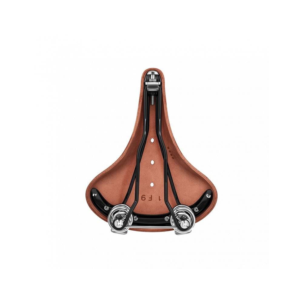 Brooks B67 coil spring saddle with chrome rails, designed for micro-adjust seat posts, providing comfort and durability for bikes.