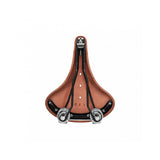 Brooks B67 coil spring saddle with chrome rails, designed for micro-adjust seat posts, providing comfort and durability for bikes.