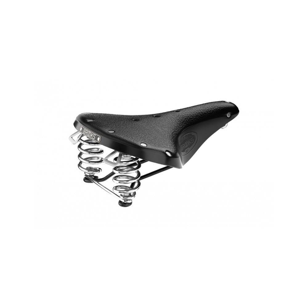 Brooks B67 coil spring saddle with chrome rails, designed for micro-adjust seat posts, featuring classic leather and comfort.