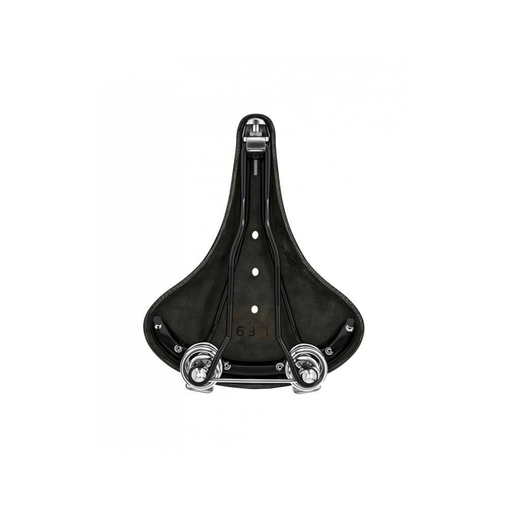 Brooks B67 coil spring saddle with chrome rails for micro-adjust seat posts, designed for comfortable bike riding.