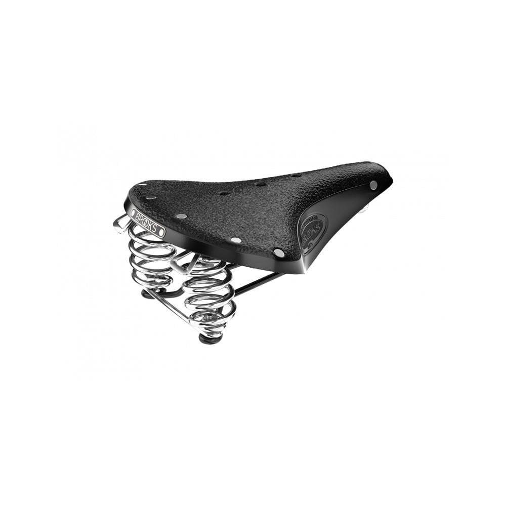 Brooks B67 Ladies Saddle with coil spring suspension for comfortable cycling, shown with close-up of saddle and suspension system.