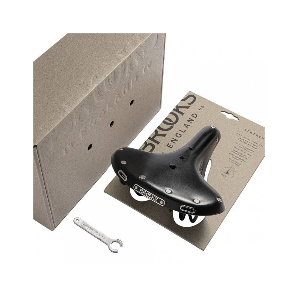 Brooks B72 unisex bicycle saddle with loop suspension for comfortable upright riding, shown with leather cover and metal rails.