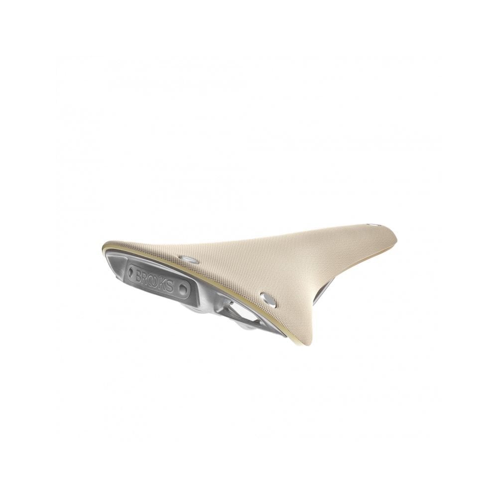 Brooks C17 Cambium organic bike saddle, waterproof and durable, shown on a bicycle, featuring a natural leather finish and maintenance-free design.