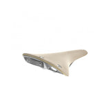 Brooks C17 Cambium organic bike saddle, waterproof and durable, shown on a bicycle, featuring a natural leather finish and maintenance-free design.