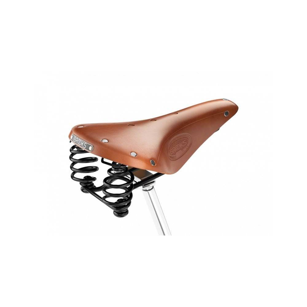 Brooks Flyer saddle with sprung suspension, designed for comfortable mountain biking and long-distance rides, featuring durable components.