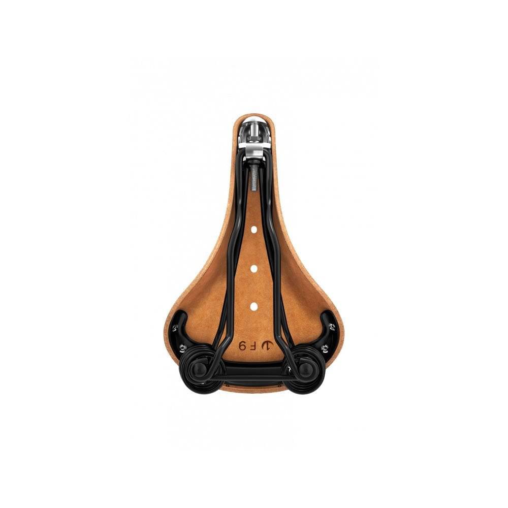 Brooks Flyer saddle with sprung suspension, designed for MTB and long rides, featuring a comfortable leather bicycle seat.