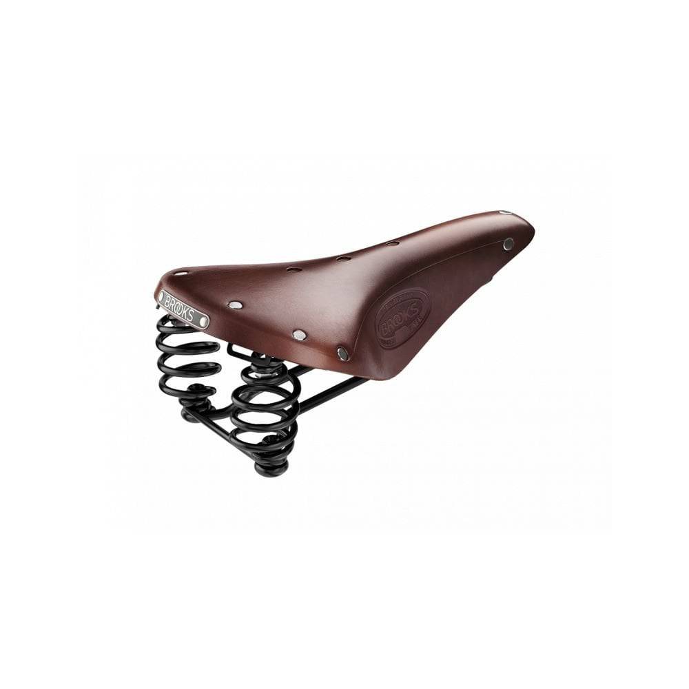 Brooks Flyer saddle with sprung suspension, designed for comfortable mountain biking and long rides, featuring durable components.