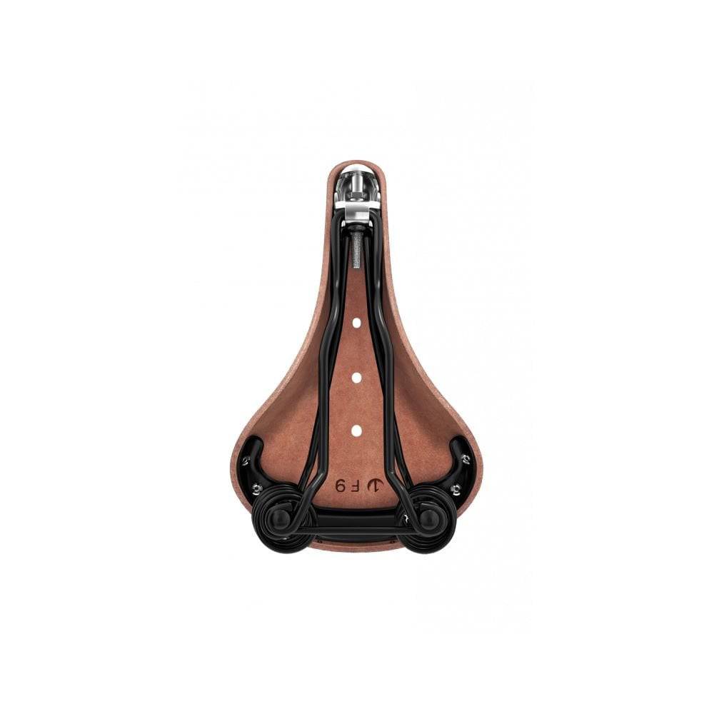 Brooks Flyer saddle with sprung suspension for comfortable mountain biking and long rides, shown with detailed leather and suspension features.