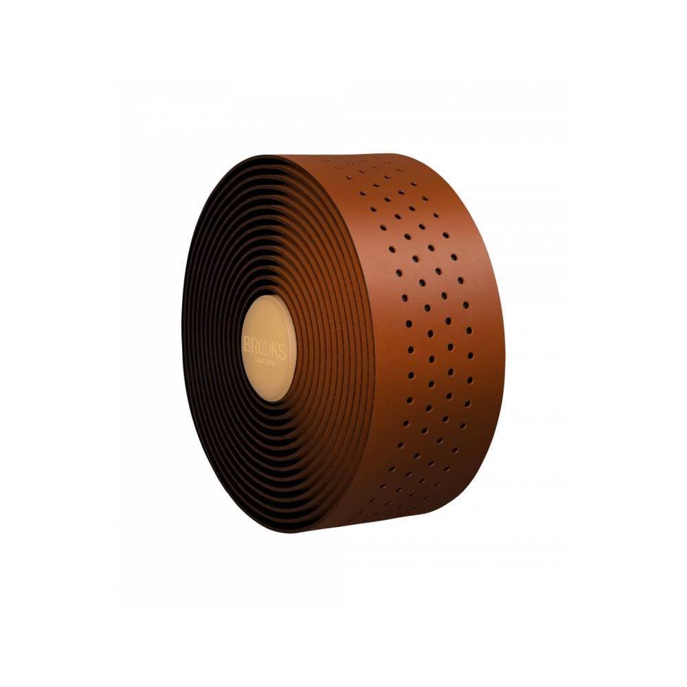 Brooks perforated natural leather bike handlebar tape with textured grip wrap for comfortable cycling control.