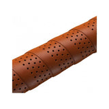Brooks leather bike handlebar tape with perforated natural leather grip wrap for comfortable cycling control.