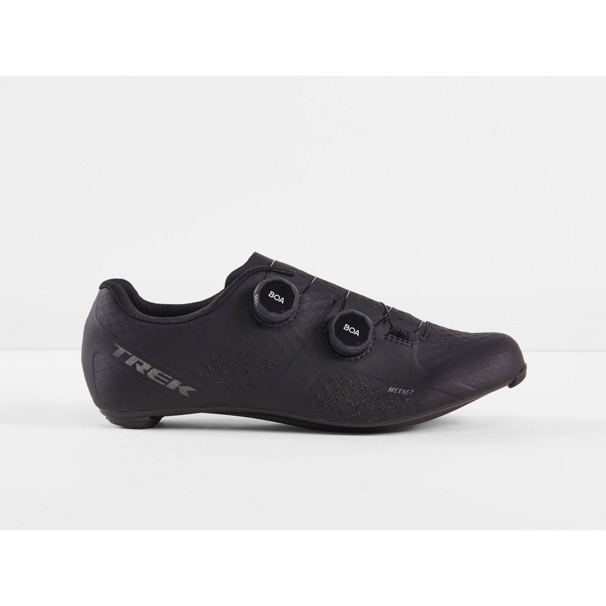 Trek Velocis unisex road cycling shoes in black, red, and white, EU sizes 36-48, with breathable mesh and secure strap closure.