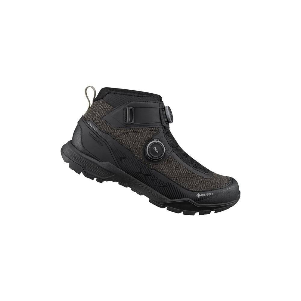 Shimano EX9 MTB shoes with BOA Fit System and waterproof Gore-Tex for cycling, showing the black shoe with secure lacing.