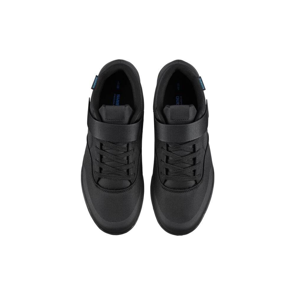 Shimano GE5 gravel shoes with SPD cleat compatibility and enduro rubber sole, shown in black with breathable mesh design.