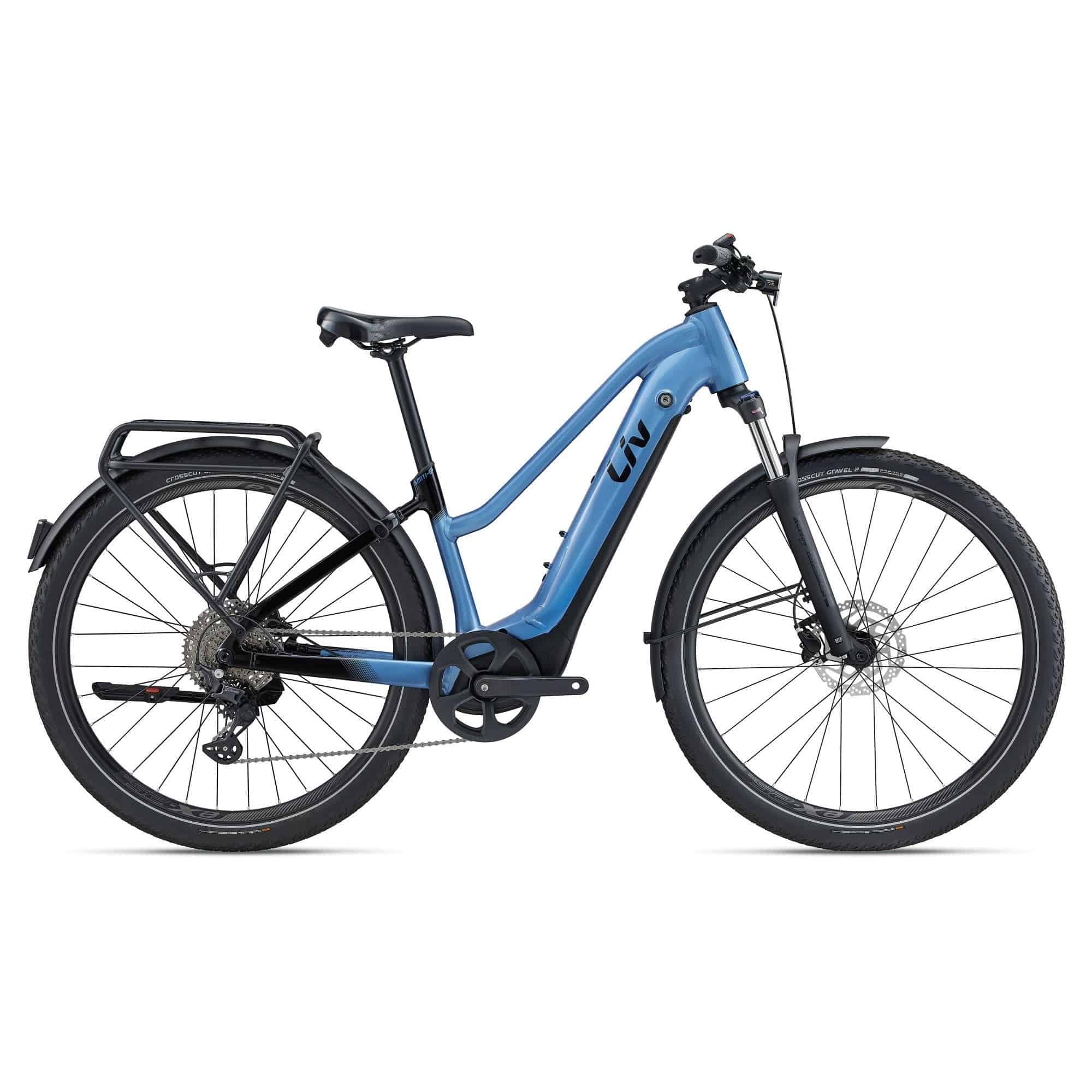 Liv Amiti E+ 1 women's 2023 e-hybrid bike with Shimano Deore disc brakes, featuring a sleek frame and modern design.