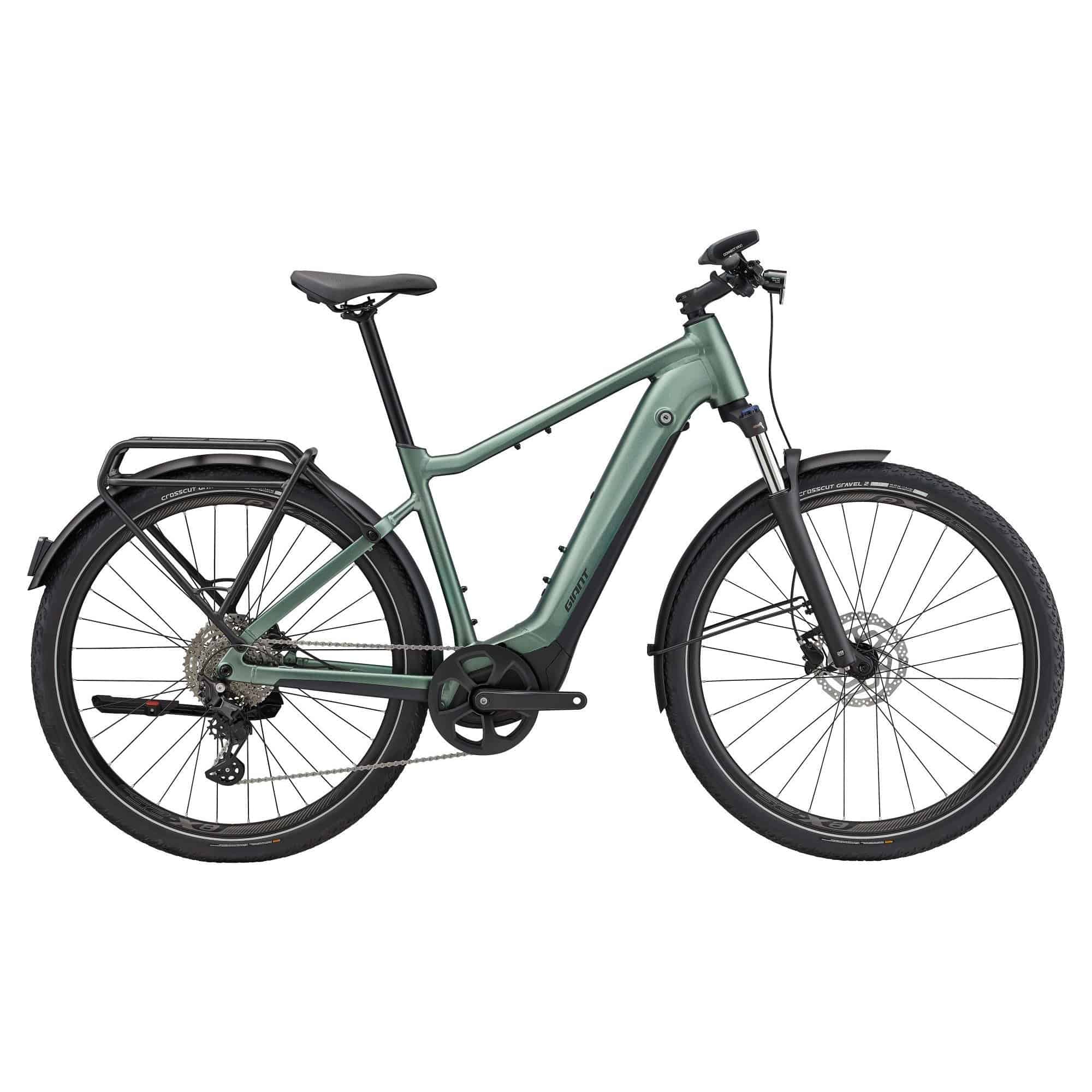 Giant Explore E+ 1 GTS electric hybrid bike with Shimano Deore Linkglide drivetrain and disc brakes, shown from side view.