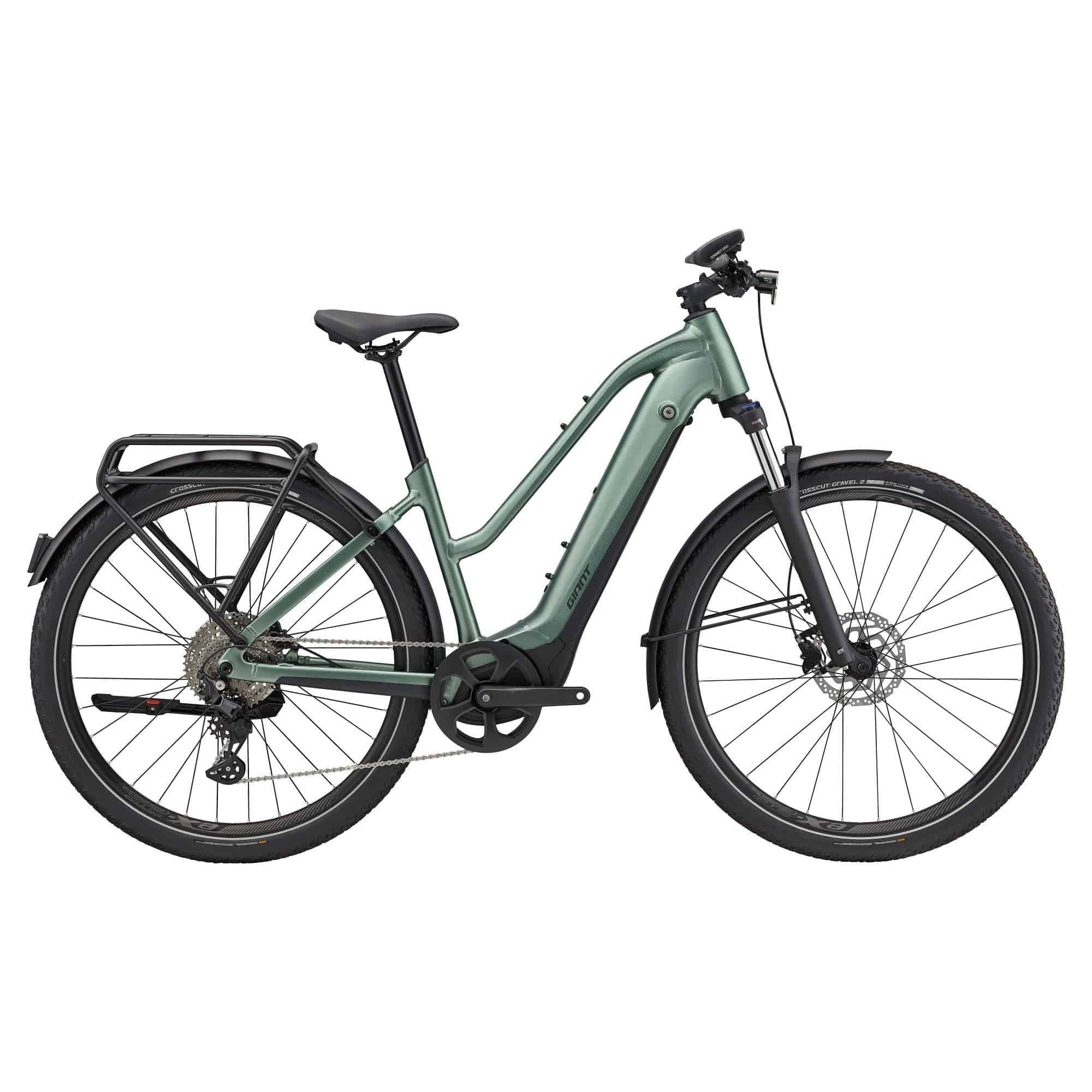Giant Explore E+ 1 STA 2023 electric hybrid bike with Shimano Deore Linkglide drivetrain, shown from a side view.