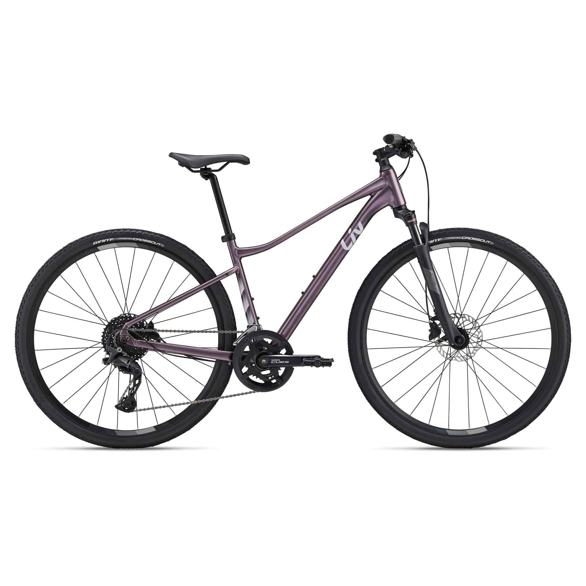 Liv Rove 1 Women's Hybrid Bike 2024 with Shimano CUES U6000 drivetrain and disc brakes, black and silver frame, front and rear views