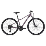 Liv Rove 1 Women's Hybrid Bike 2024 with Shimano CUES U6000 drivetrain and disc brakes, black and silver frame, front and rear views