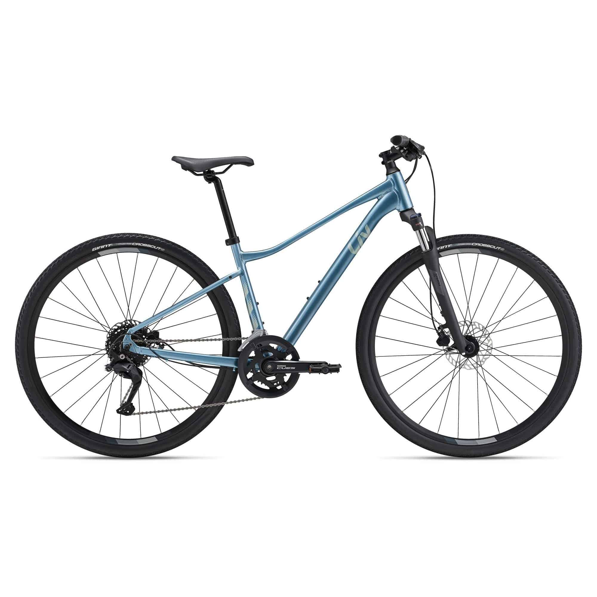 Liv Rove 2 2024 women's hybrid bike with Shimano drivetrain and disc brakes, featuring a sleek frame and comfortable riding position.
