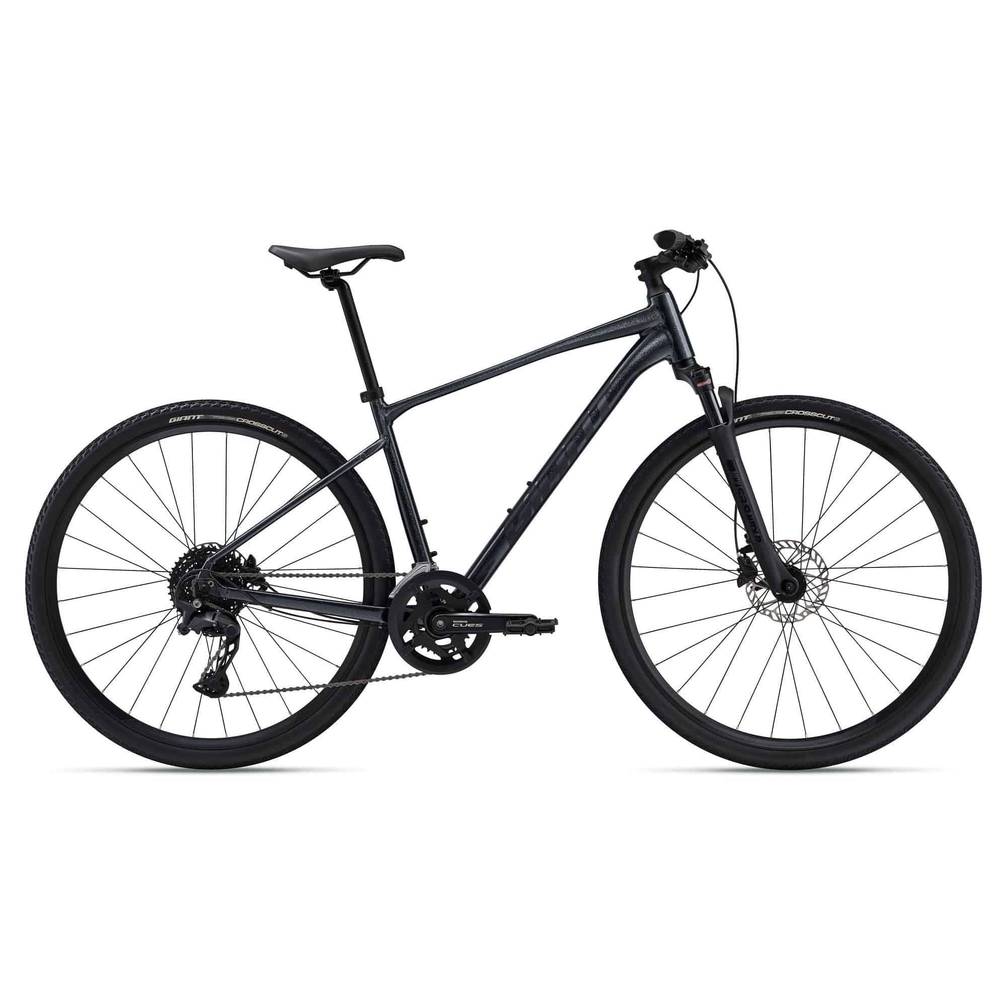 Giant Roam Disc 1 hybrid bike 2024 with Shimano CUES U6000 drivetrain and disc brakes, black and silver frame, ready for urban riding