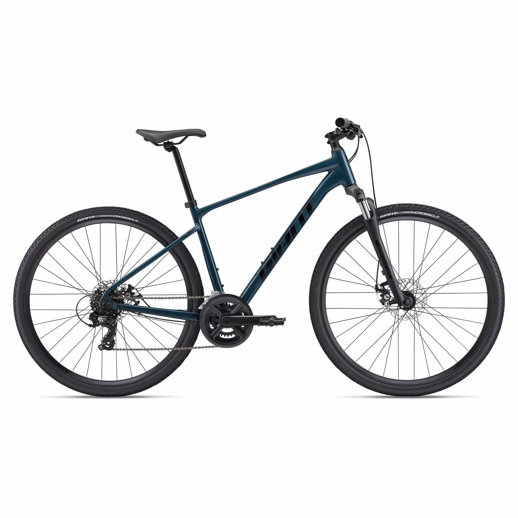 Giant Roam Disc 4 hybrid bike 2024 with XL frame, Shimano Tourney gears, and disc brakes, shown outdoors with a city background.