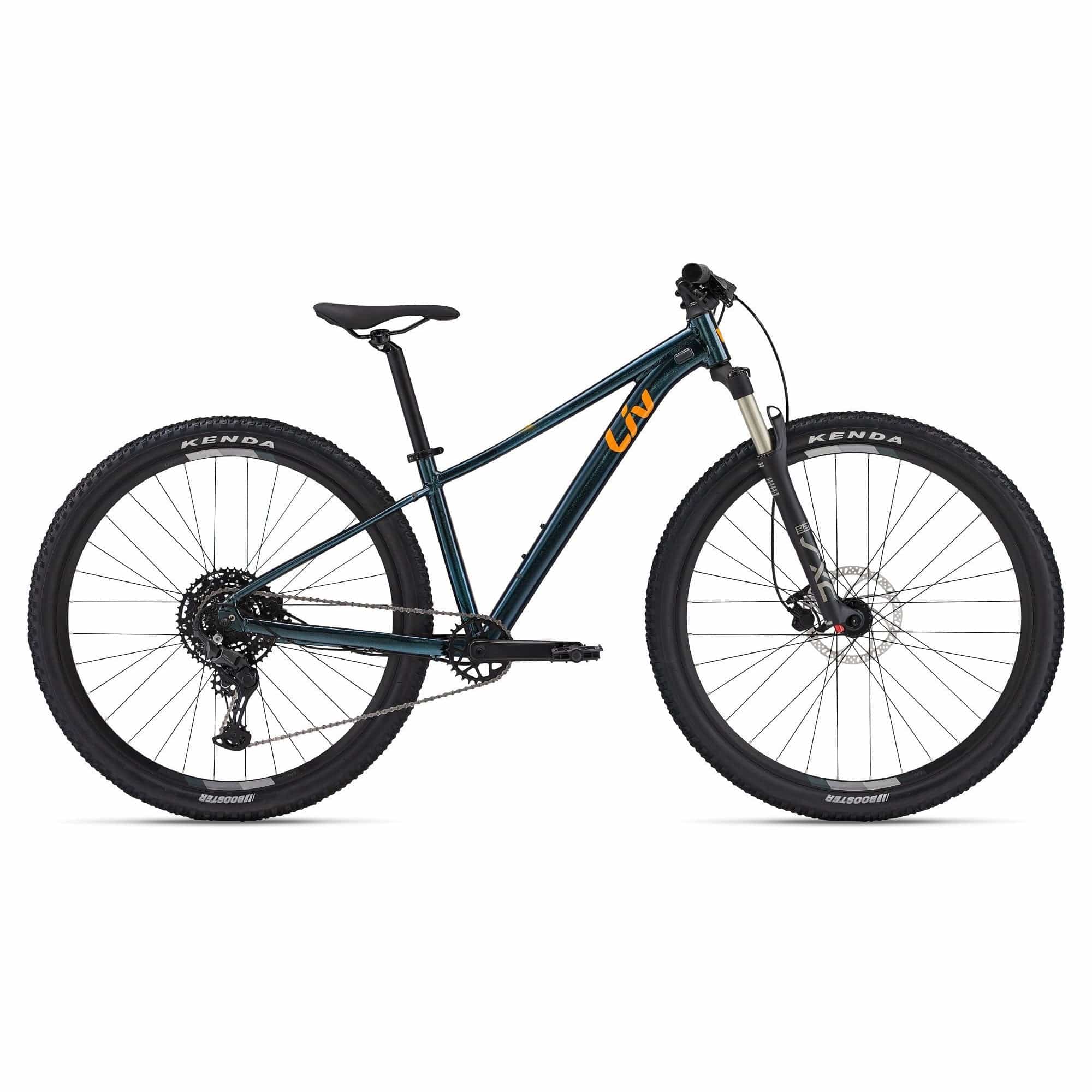 Liv Tempt 1 Women's 2024 mountain bike with Shimano CUES U6000 gearing and disc brakes, shown with black frame and mountain tires.