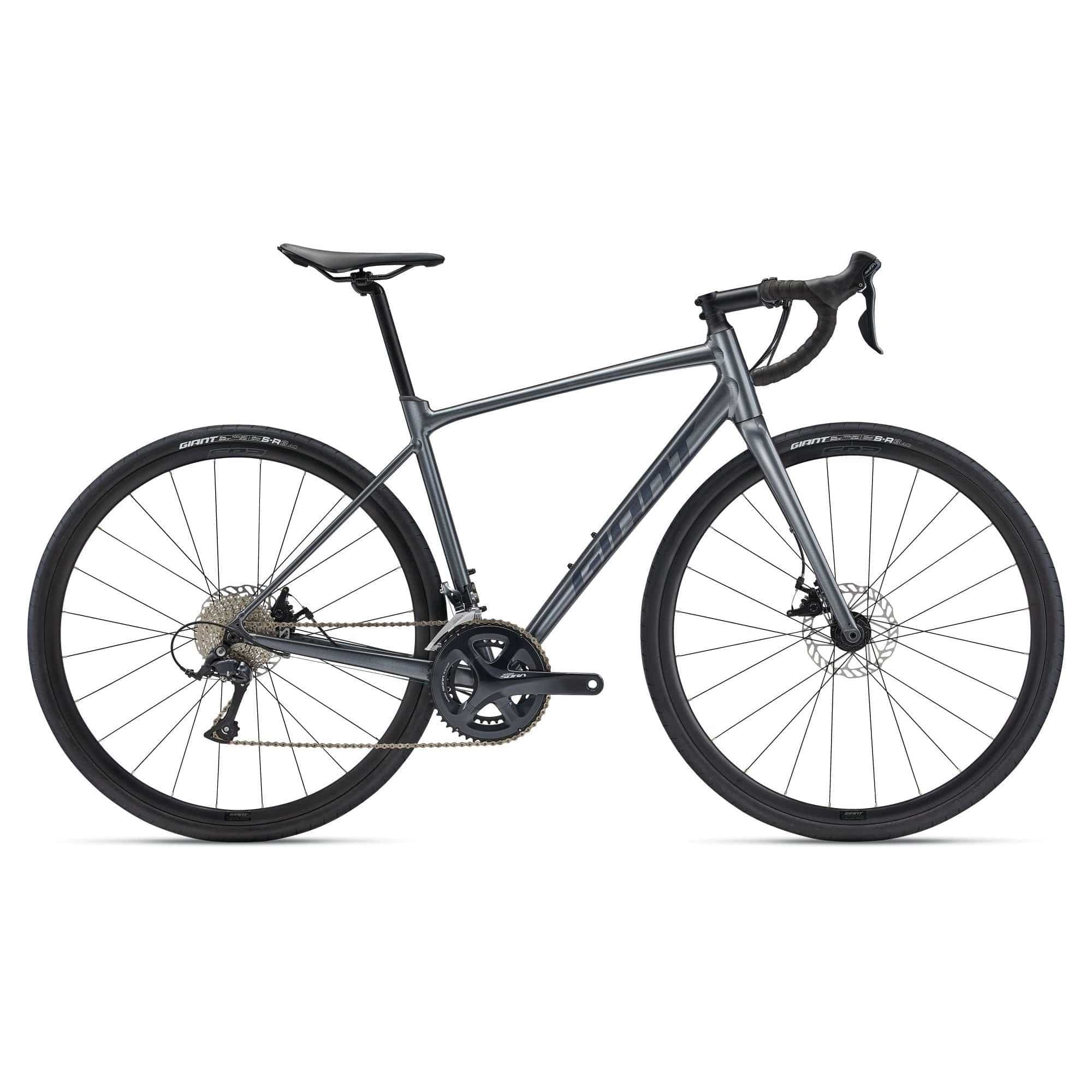 Giant Contend AR 3 2024 road bike with Shimano Sora disc brakes, unisex frame, black and red design, ready for cycling.