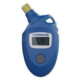 Schwalbe Airmax Pro digital pressure gauge for bicycle valves and suspension, showing display and valve attachment.