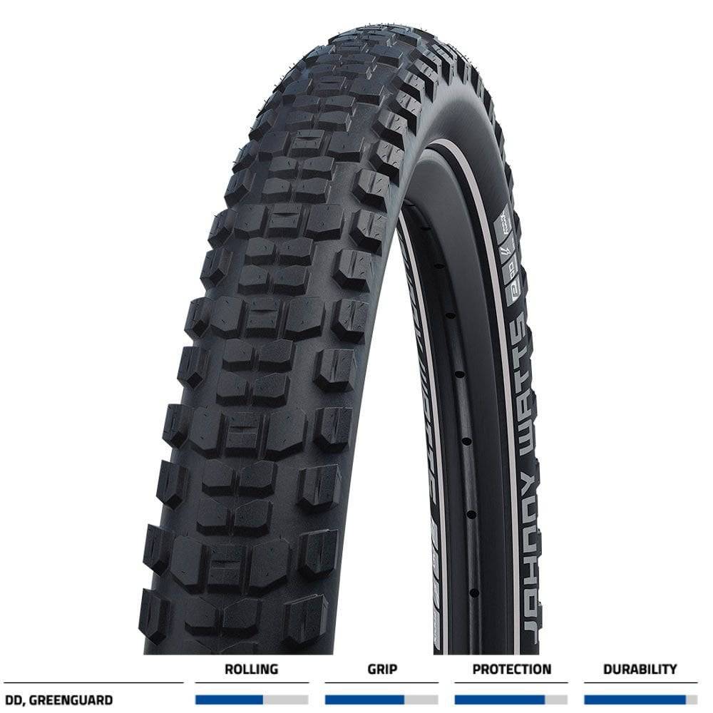 Schwalbe Johnny Watts Performance DD Greenguard tire for bikes, showing the puncture-resistant trail and road bike tire with tread pattern.