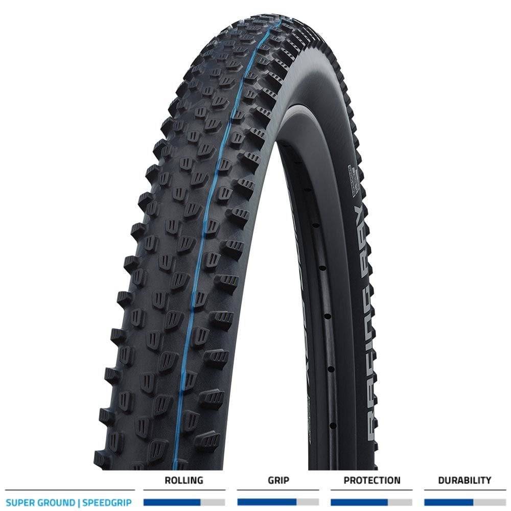 Schwalbe Racing Ray Evo Super Ground TLE folding front tire for e-bike, showing tread pattern and sidewall details.