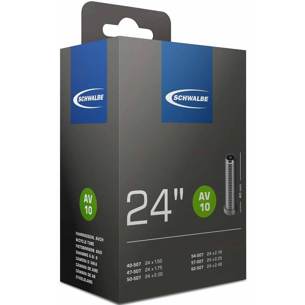 Schwalbe AV inner tube with Schrader valve, leak-tested, durable, recyclable bicycle component for reliable inflation and cycling performance.