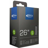 Schwalbe AV inner tube with Schrader valve, leak-tested, durable, recyclable bicycle component on a white background.