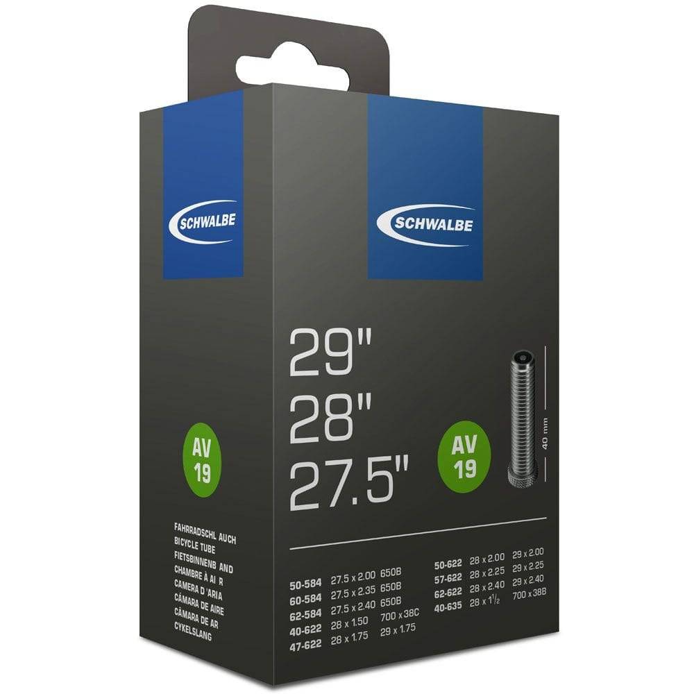 Schwalbe AV inner tube with Schrader valve, leak-tested, durable, recyclable bicycle component for reliable cycling performance.