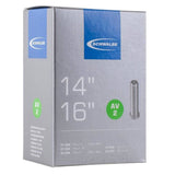 Schwalbe AV inner tube with Schrader valve, leak-tested for durability, recyclable bicycle component, shown with valve and tube detail.