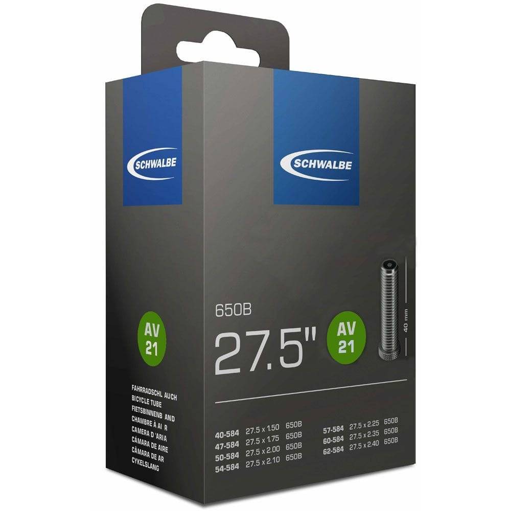 Schwalbe AV inner tube with Schrader valve, leak-tested, durable bicycle component for reliable inflation and performance.
