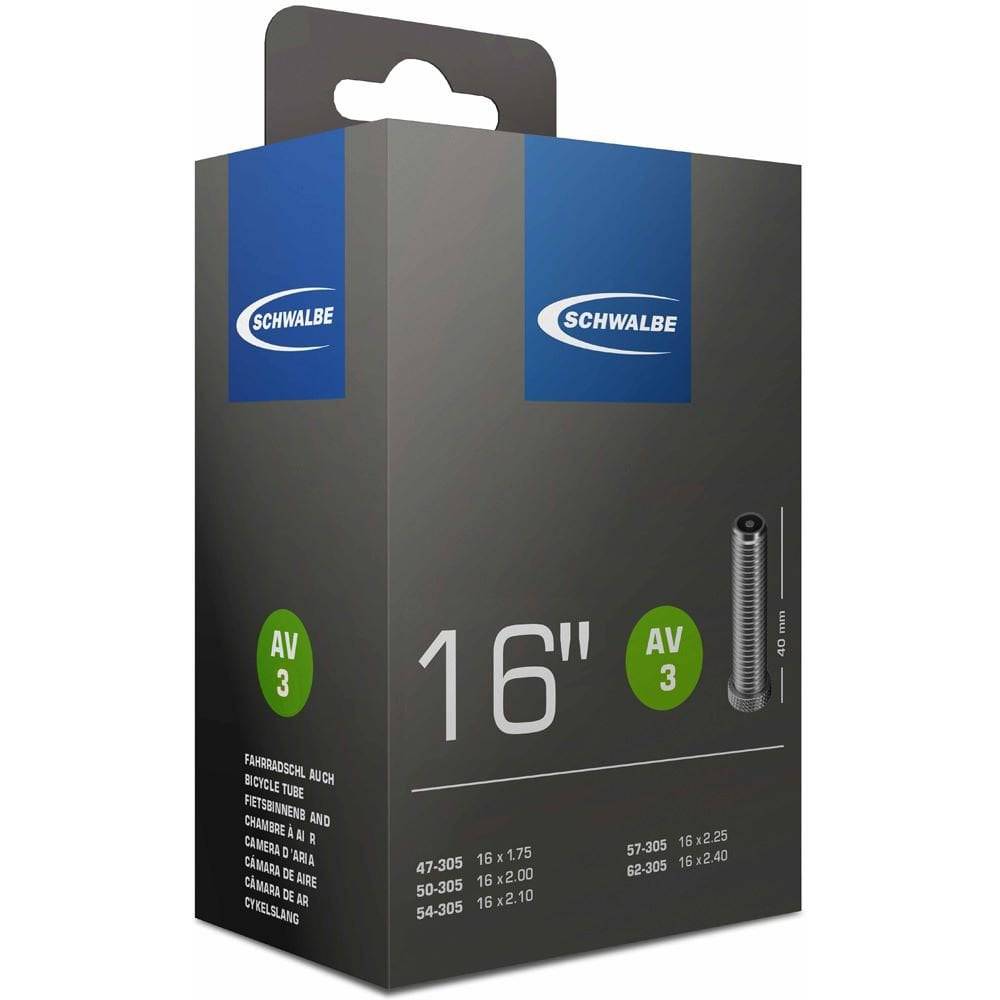 Schwalbe AV inner tube with Schrader valve, leak-tested, durable, recyclable bike component for reliable tire inflation.