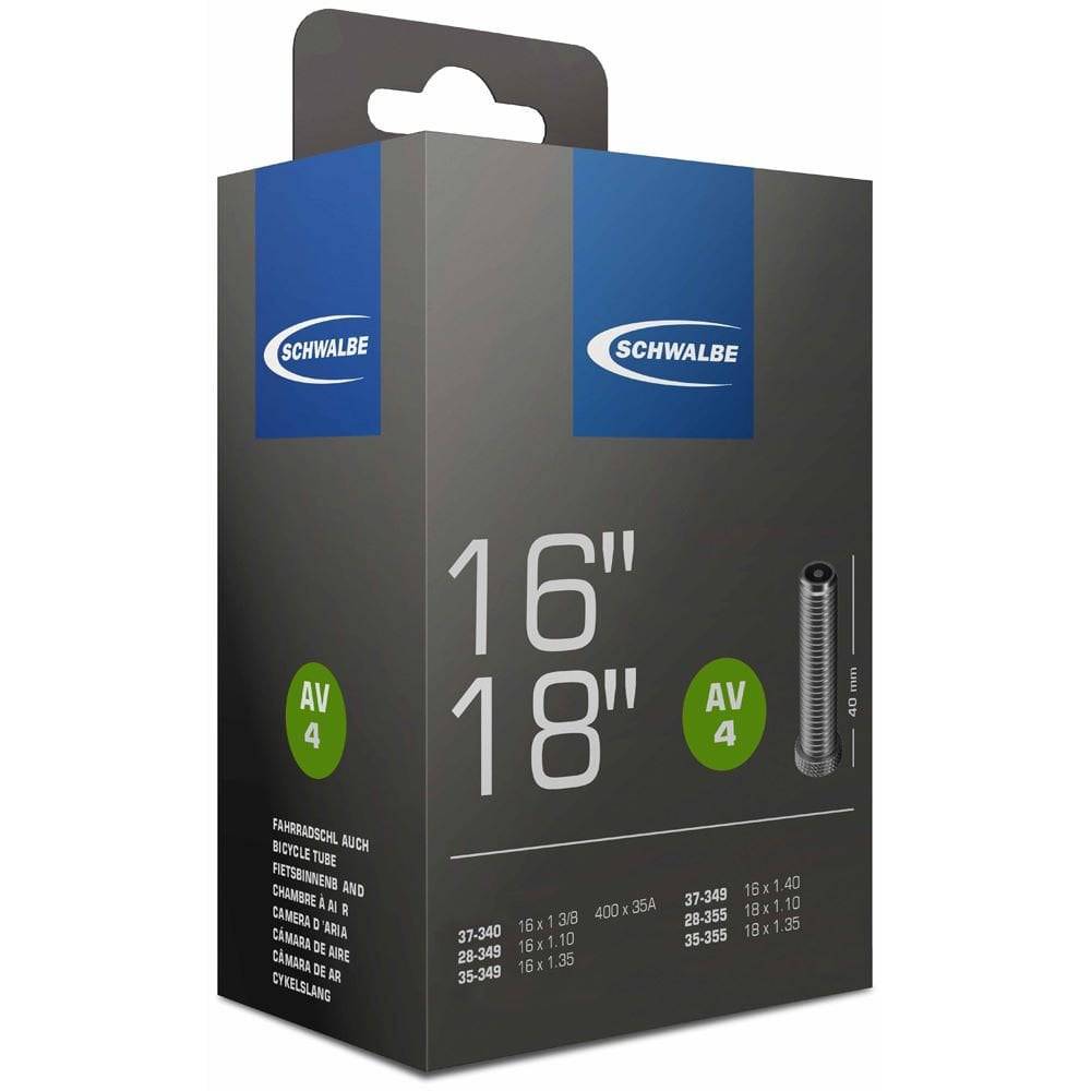 Schwalbe AV inner tube with Schrader valve, leak-tested, durable, recyclable bicycle component for reliable inflation.