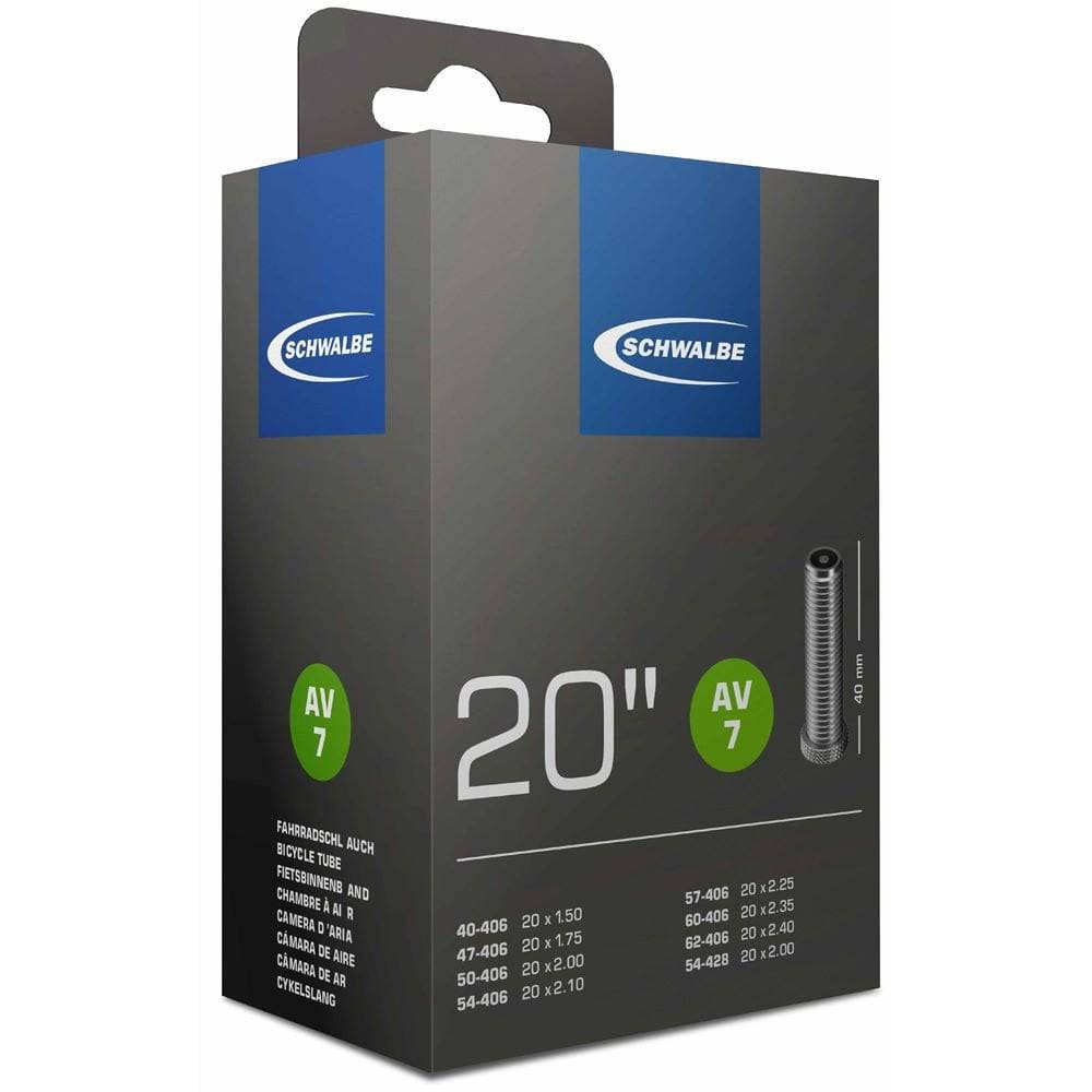 Schwalbe AV inner tube with Schrader valve, leak-tested, durable, recyclable, suitable for bike components, shown in the image.