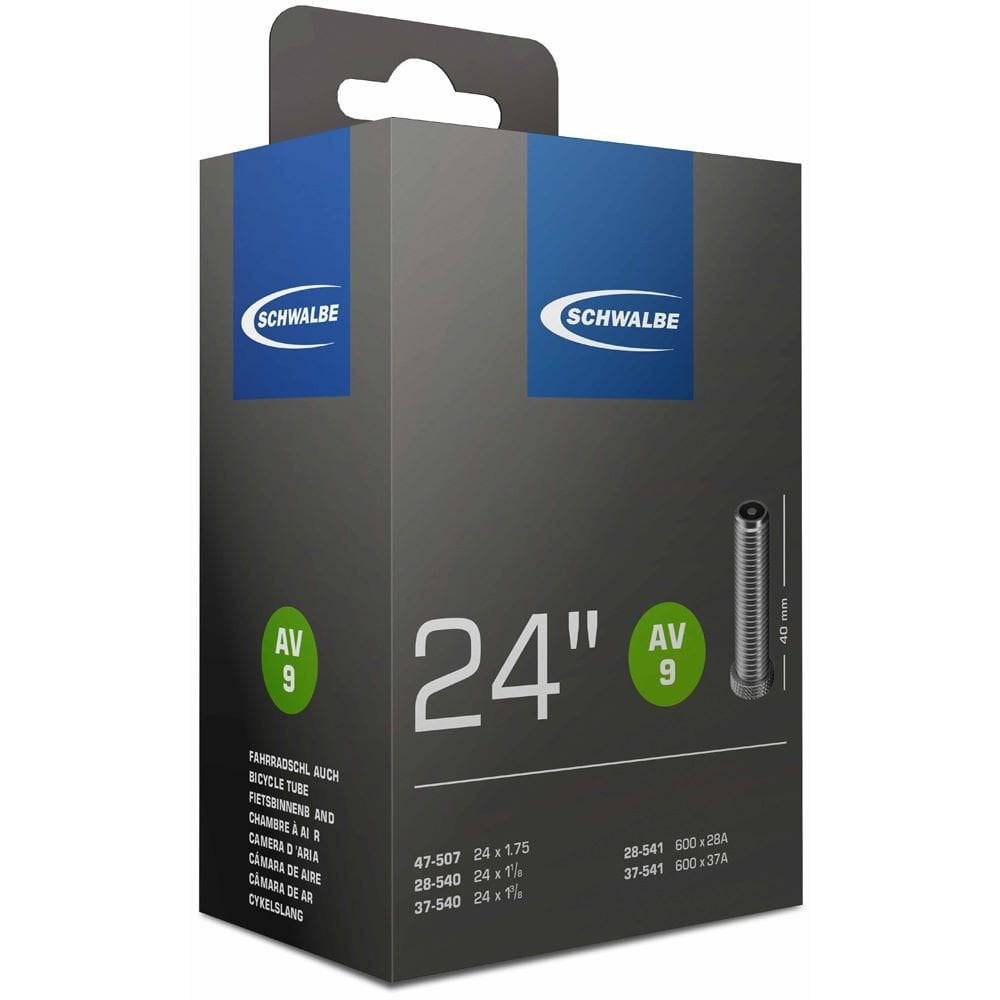 Schwalbe AV inner tube with Schrader valve, leak-tested, durable, and recyclable bicycle component.