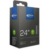 Schwalbe AV inner tube with Schrader valve, leak-tested, durable, and recyclable bicycle component.