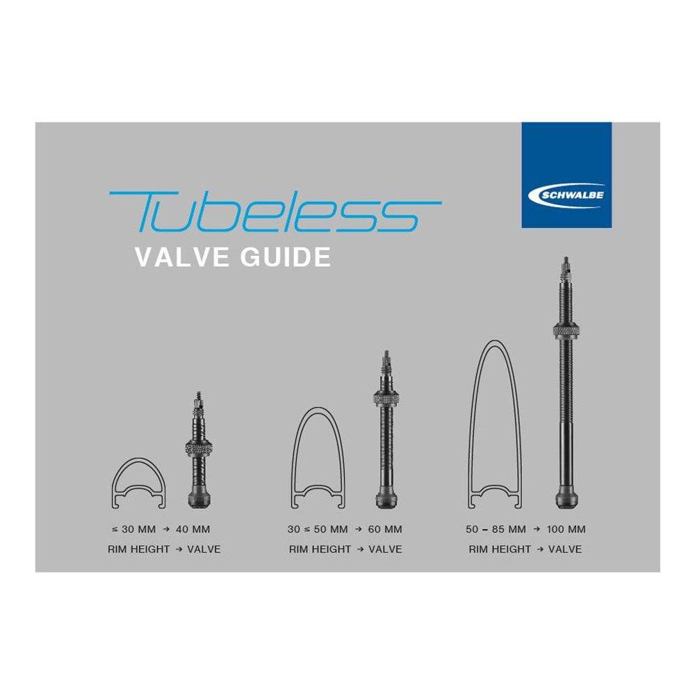 Schwalbe tubeless valve stems in 40mm, 60mm, and 100mm lengths for bike tubeless wheel setups.