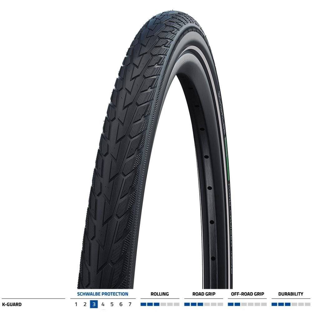 Schwalbe Road Cruiser K-Guard green 20x1.75 road bike tire with puncture protection and durable rubber tread.