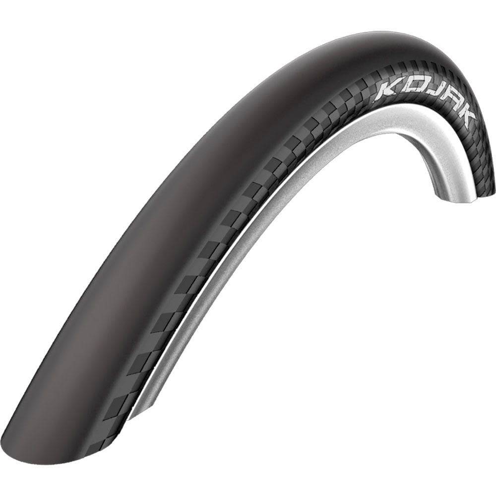 Schwalbe Kojak RaceGuard lightweight puncture-resistant road bike tire with smooth tread and black sidewalls for racing and training.