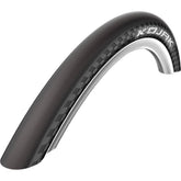 Schwalbe Kojak RaceGuard lightweight puncture-resistant road bike tire with smooth tread and black sidewalls for racing and training.
