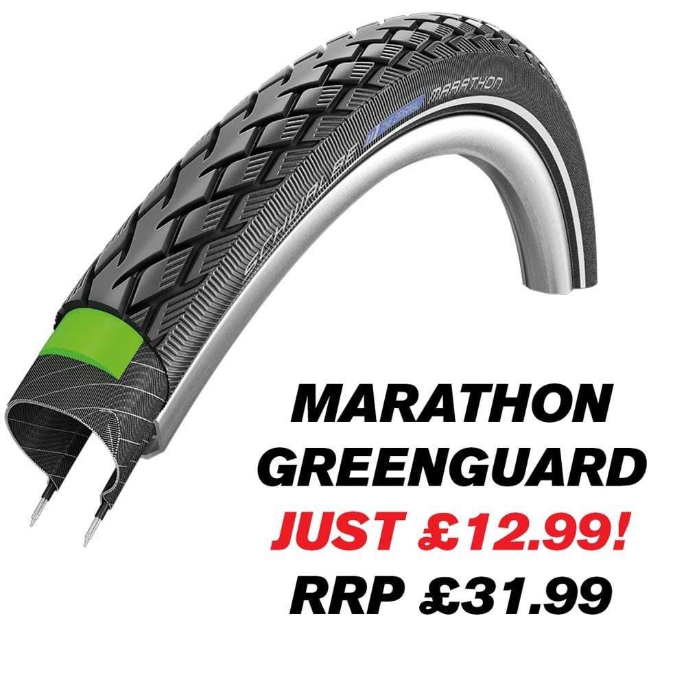 Schwalbe Marathon Greenguard E-Bike Tyre showing puncture protection and reflective stripe on the sidewall.