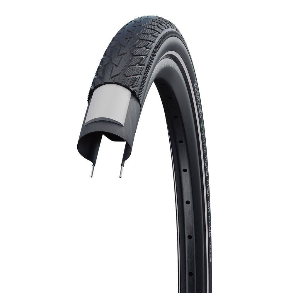 Schwalbe Road Cruiser Plus tyre with puncture protection and eco-friendly compound, showcasing its durable rubber tread and sidewall.