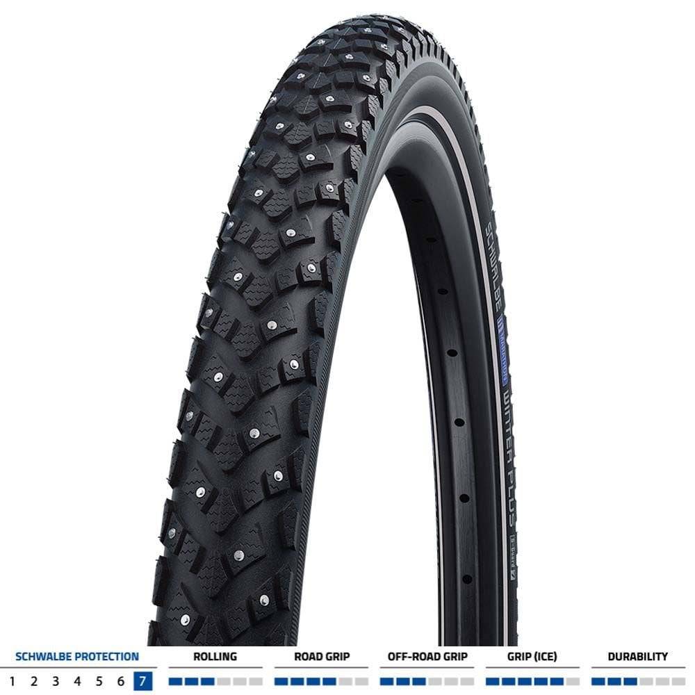 Schwalbe Marathon Winter Raceguard tyre with 168 spikes for icy roads, showing tread pattern and spike distribution.