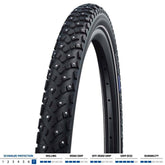 Schwalbe Marathon Winter Raceguard tyre with 168 spikes for icy roads, showing tread pattern and spike distribution.