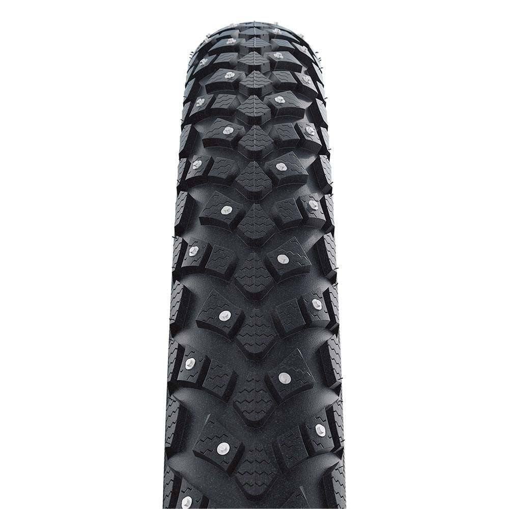Schwalbe Marathon Winter Raceguard tyre with 168 spikes for icy roads, designed for enhanced grip and safety in winter cycling.