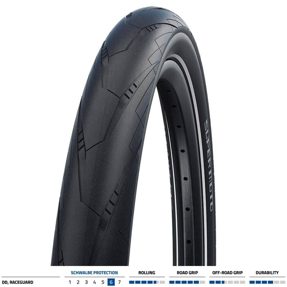 Schwalbe Super Moto Performance Raceguard E-Bike tyre with ADDIX compound, showing tread pattern and sidewall branding.
